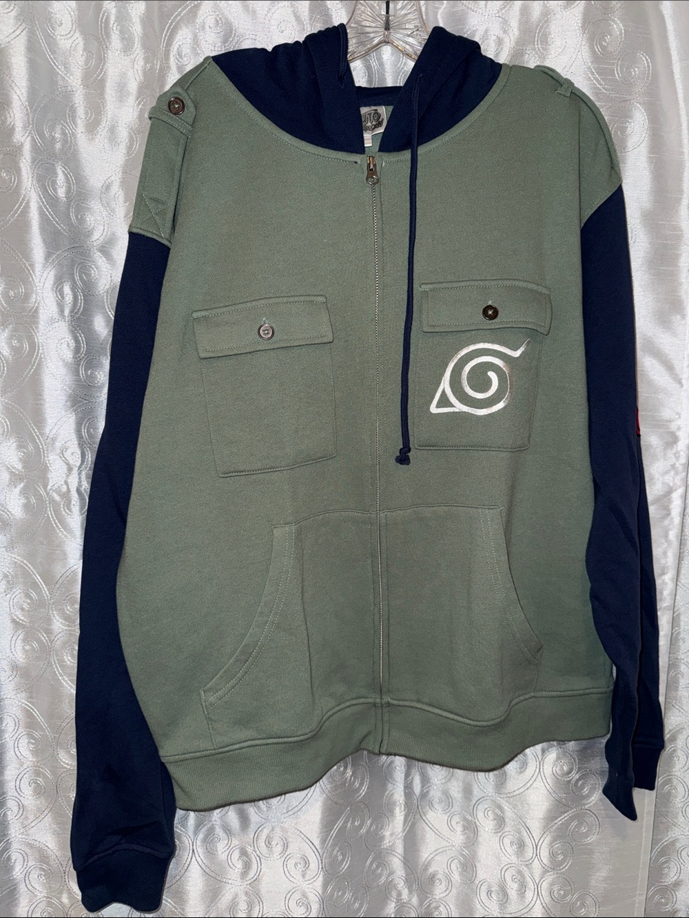Naruto Shippuden Green Zip-Up Hoodie with Spiral Leaf Logo Adult Size Large 🔥G12